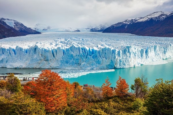 Glaciar Perito Moreno com vegetação outonal em primeiro plano